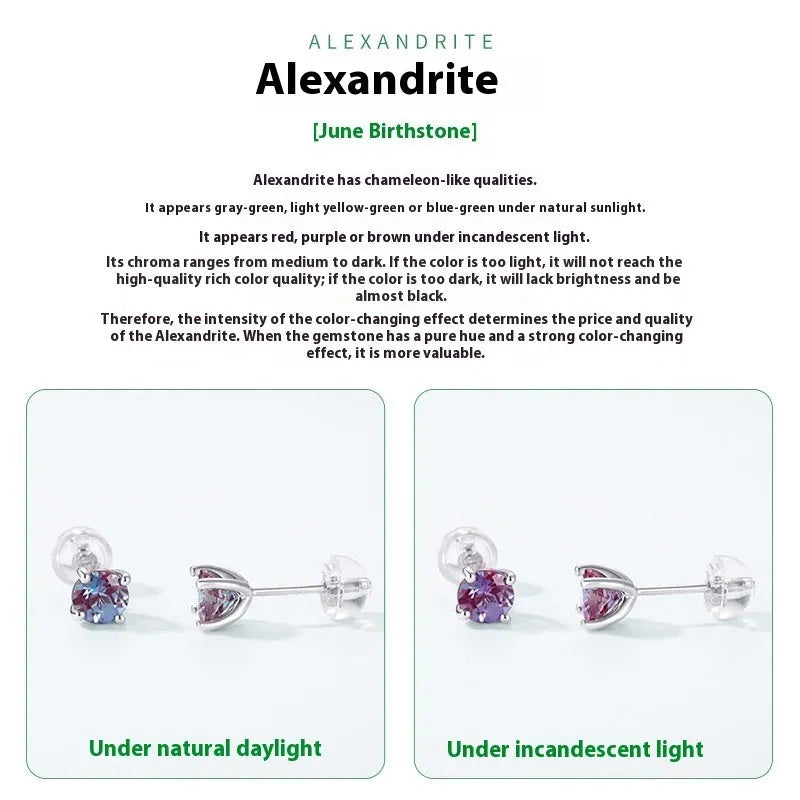 Round geometric silver ear studs with cultivé Alexandrite stone for women