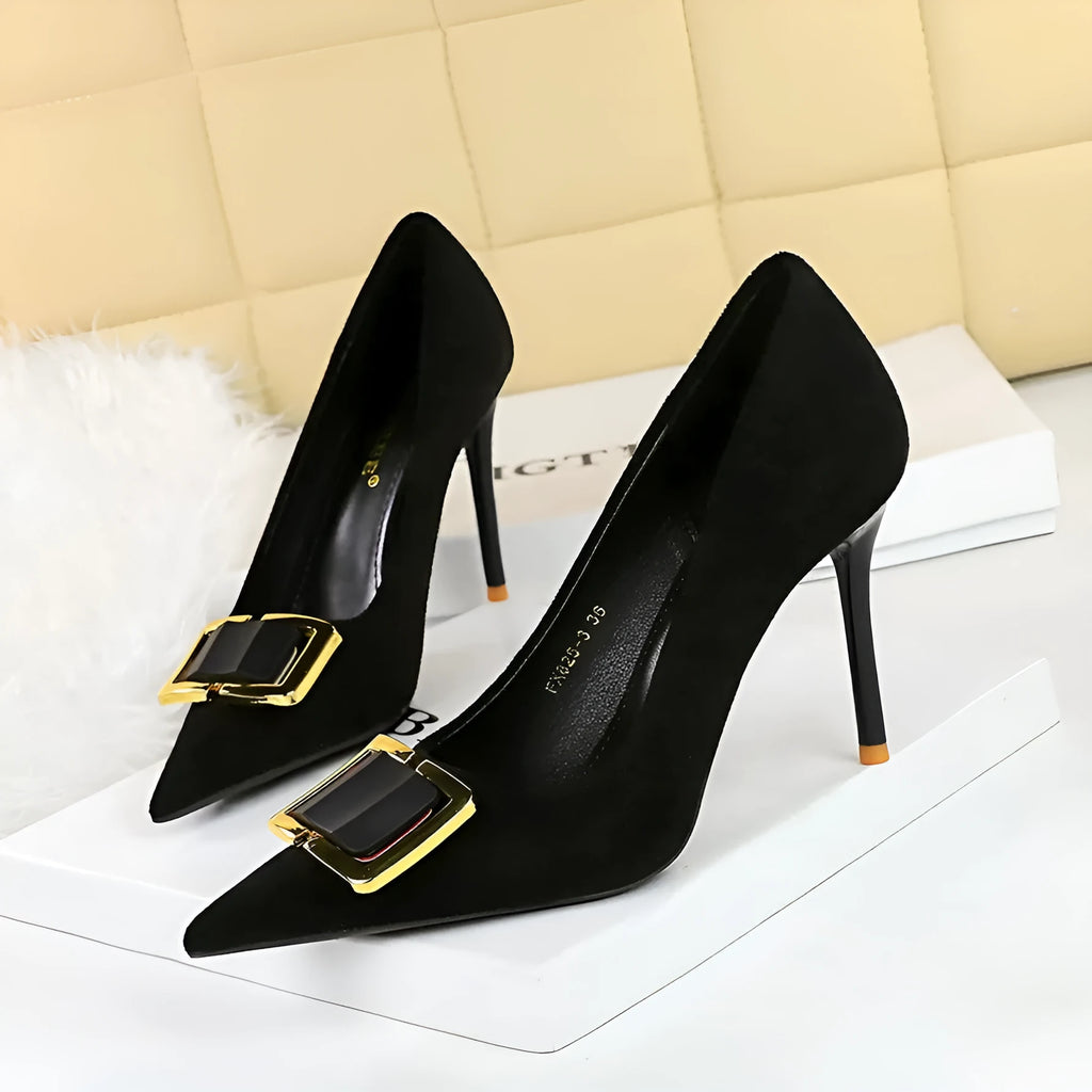 Black suede women's high heels with 9cm stiletto heel and pointed toe design on rubber sole