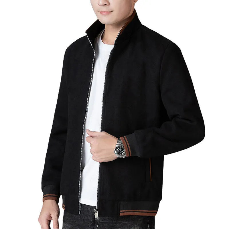 Men's grey autumn woolen fleece jacket in sports style with long sleeves and stick pocket