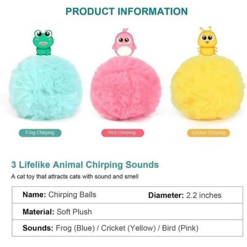 Blue, pink, and yellow interactive cat toy balls with 55mm diameter and gravity sensor trigger.