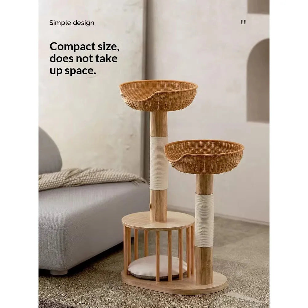 Solid wood cat climbing frame with rubberwood board, straight-grained pine trunk, and curved sisal-covered fruit tree trunk cat bed all-in-one