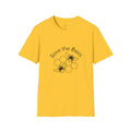 Yellow men's T-shirt with 3D digital printing pattern showing loose fit and short sleeves