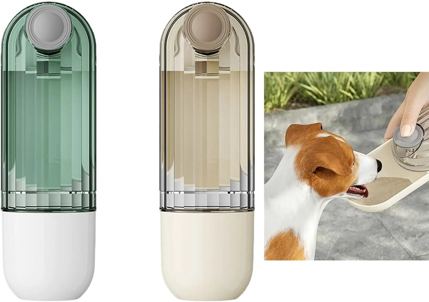 Beige foldable dog water bottle with food container base for outdoor use