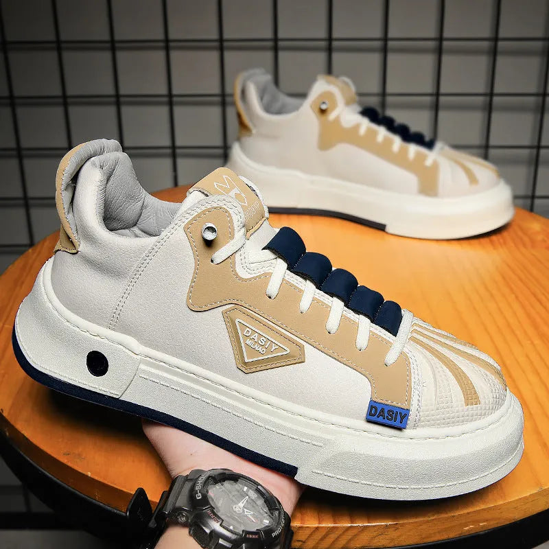 Men's black and beige casual sneakers with elastic band closure and round toe design