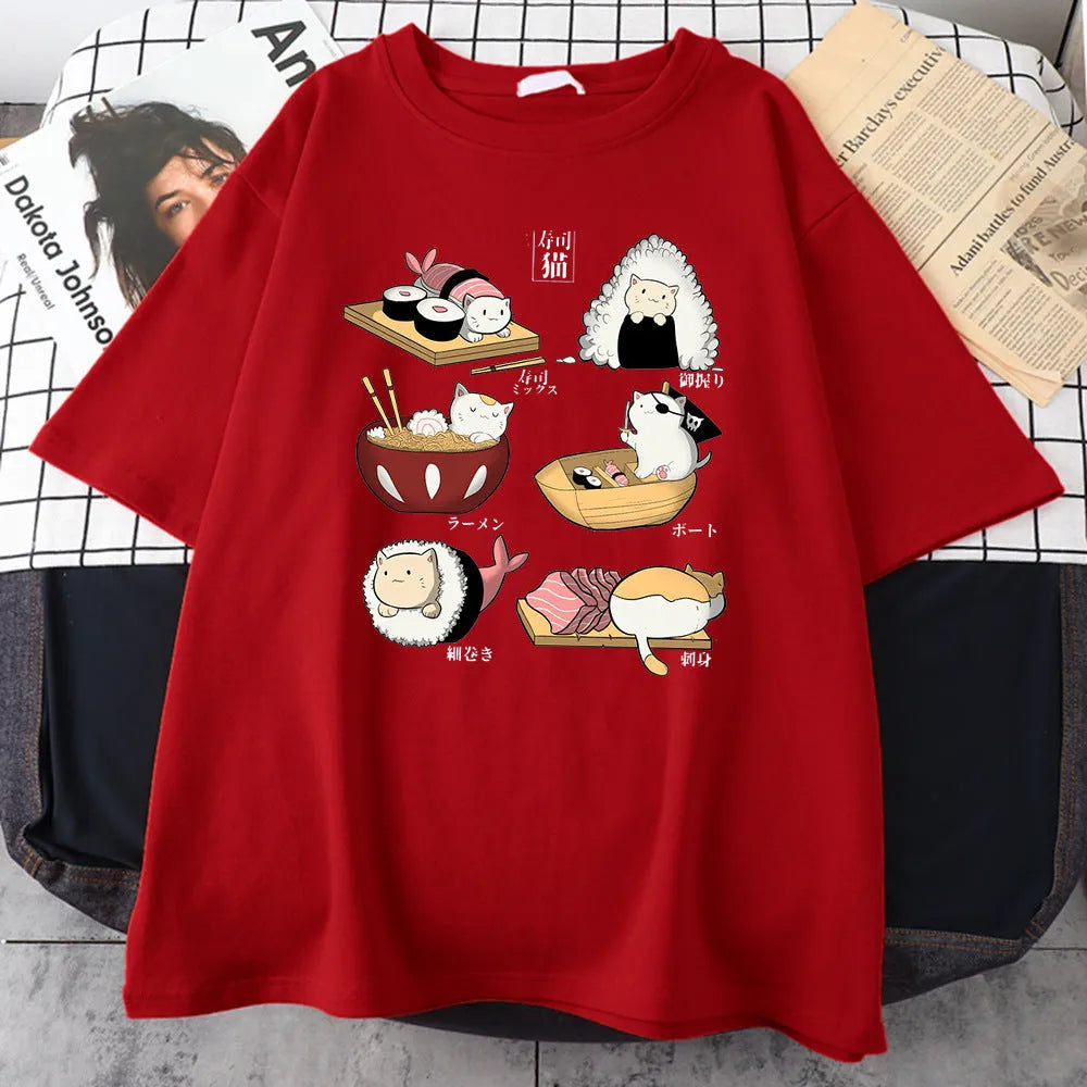 Men's black cotton t-shirt with cute cat sushi cartoon print, loose fit short sleeve design