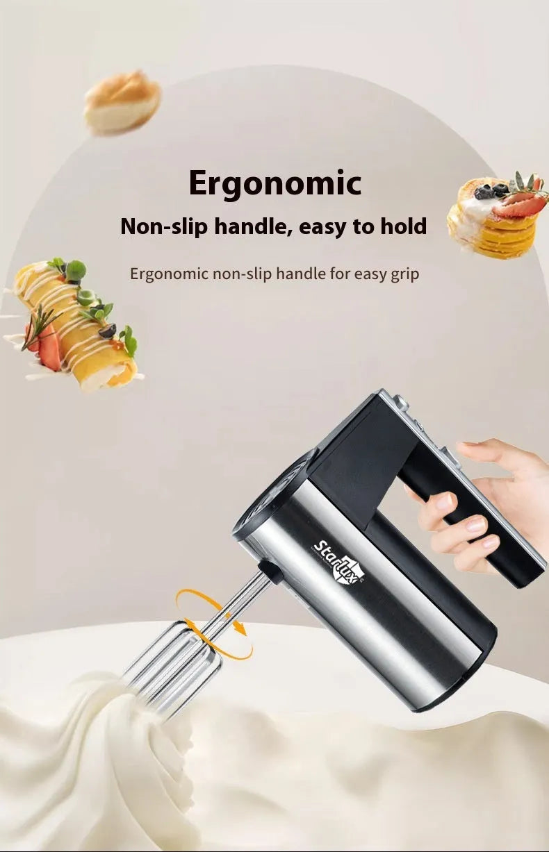 SL-25209 black electric handheld mixer with 5 speed settings and dual voltage compatibility