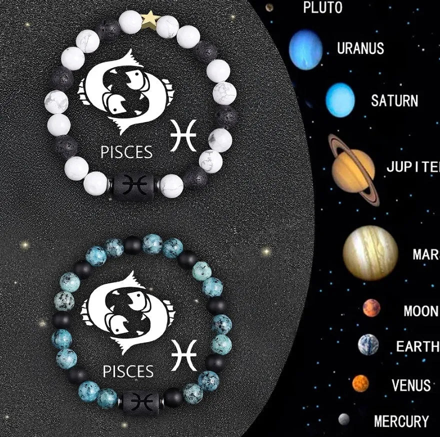 Set of two natural stone bead bracelets for zodiac signs with adjustable metal clasp