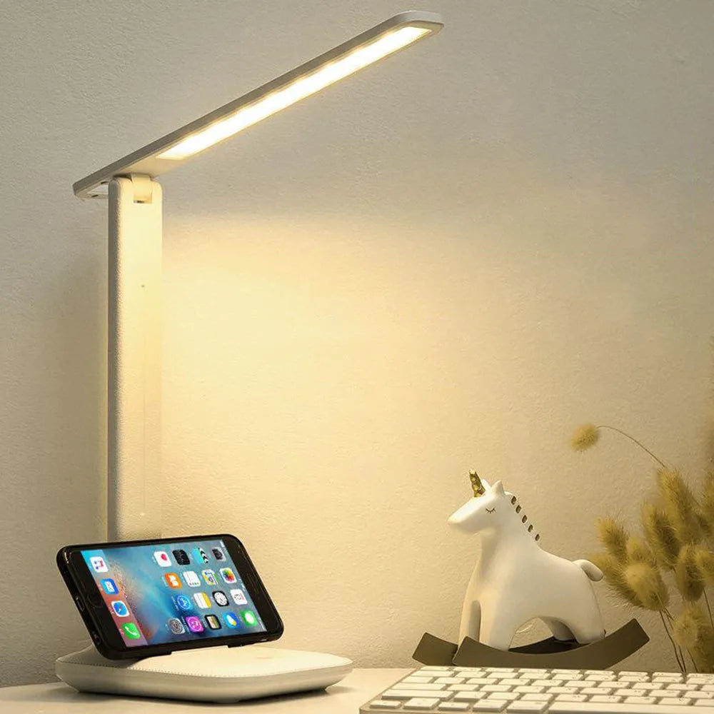 White children's bedside lamp with touch dimming controls and USB charging port