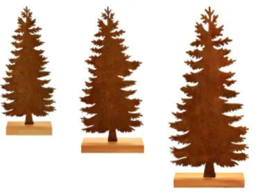Set of three rusty iron elk and Christmas tree metal ornaments on a wooden surface.