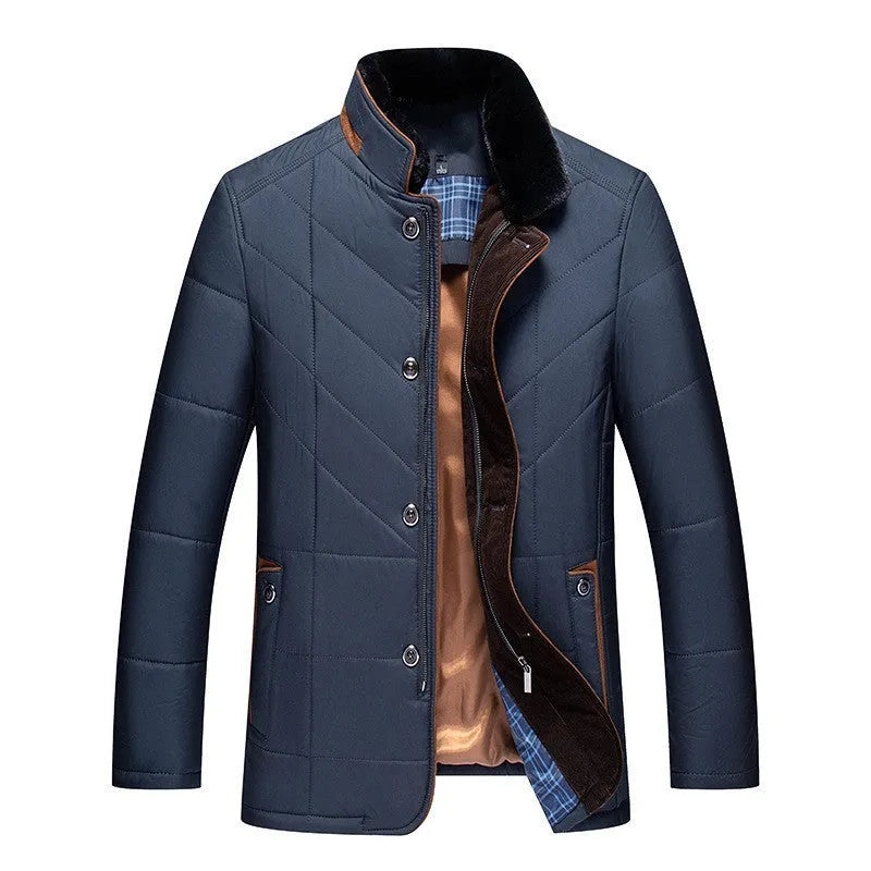 Men's solid colour winter cotton-padded coat with side seam pockets in dark blue