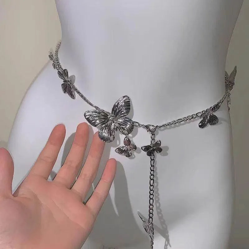 Golden butterfly waist chain accessory with 104cm length and 40mm width on alloy chain
