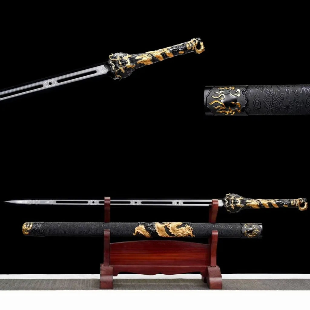 Handmade high manganese steel unsharpened Tang Heng Dao sword with satin-covered scabbard, 104cm