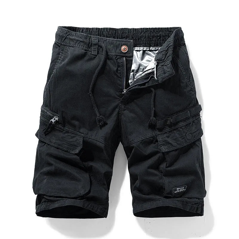 Men's cotton shorts with multiple pockets and zipper in army green colour