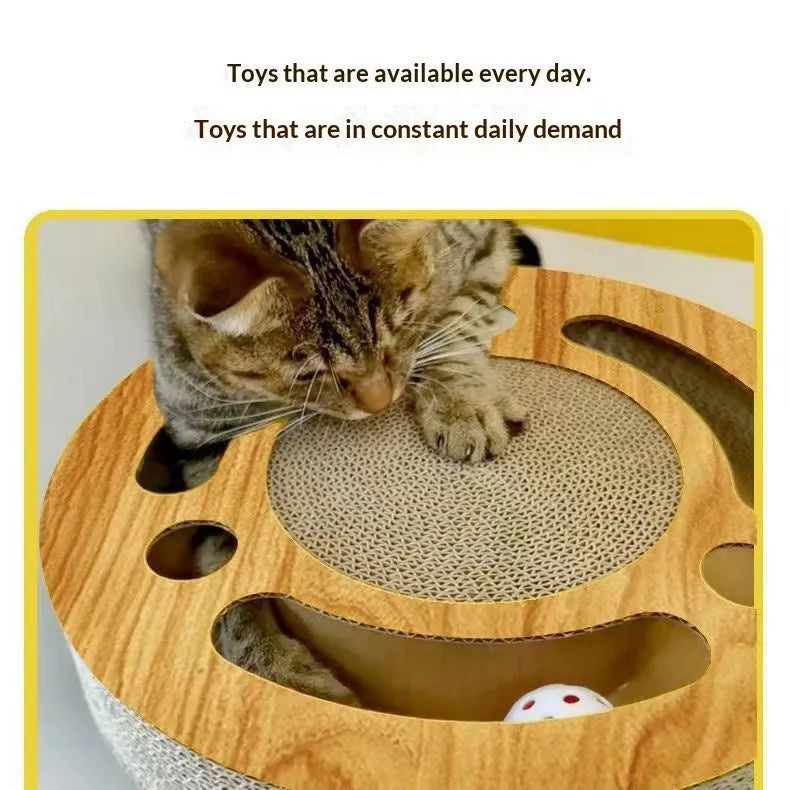 Grab And Play 2-in-1 cat scratch pad toy in round shape, made from paper, on floor