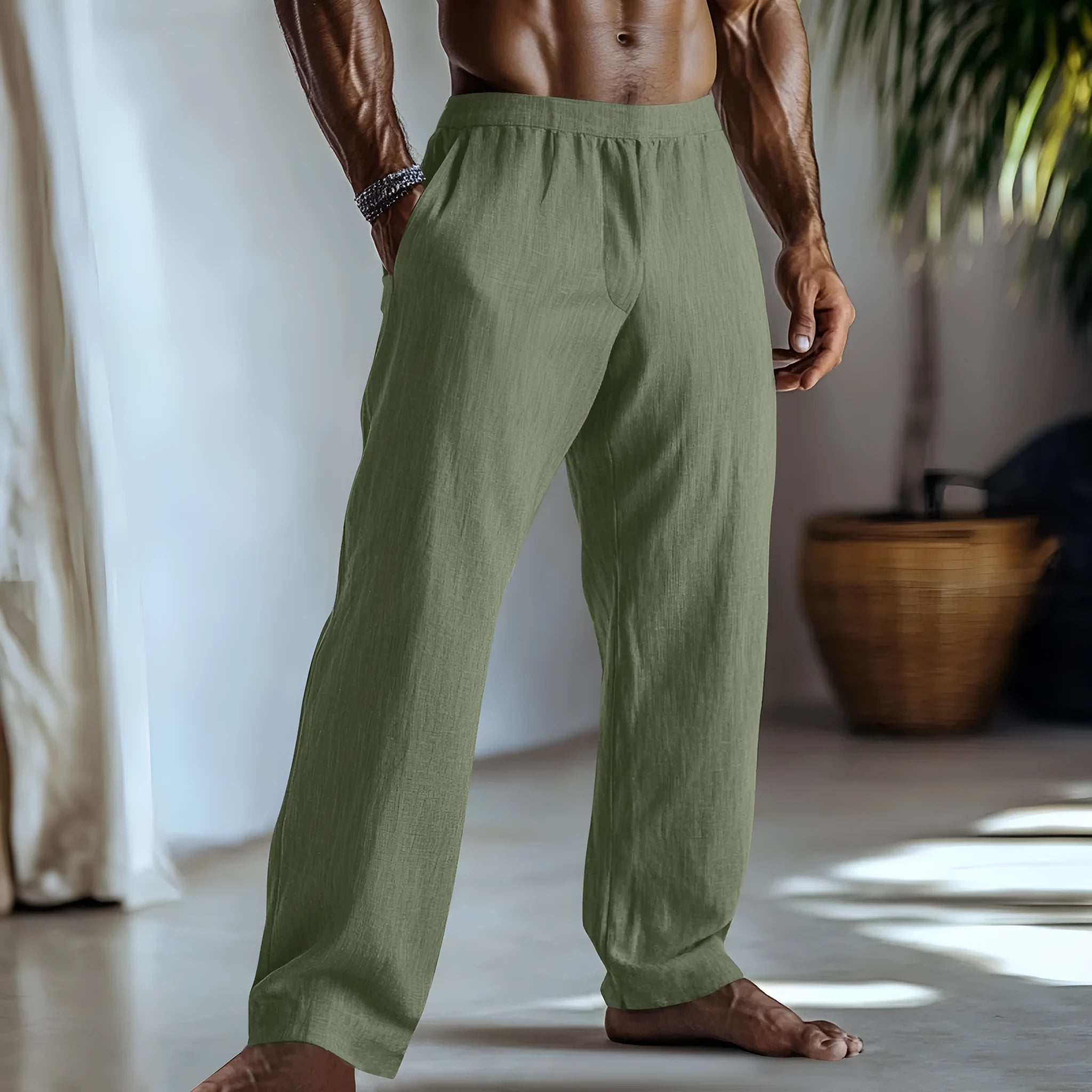 Cotton and linen straight leg trousers in British casual style with front pockets
