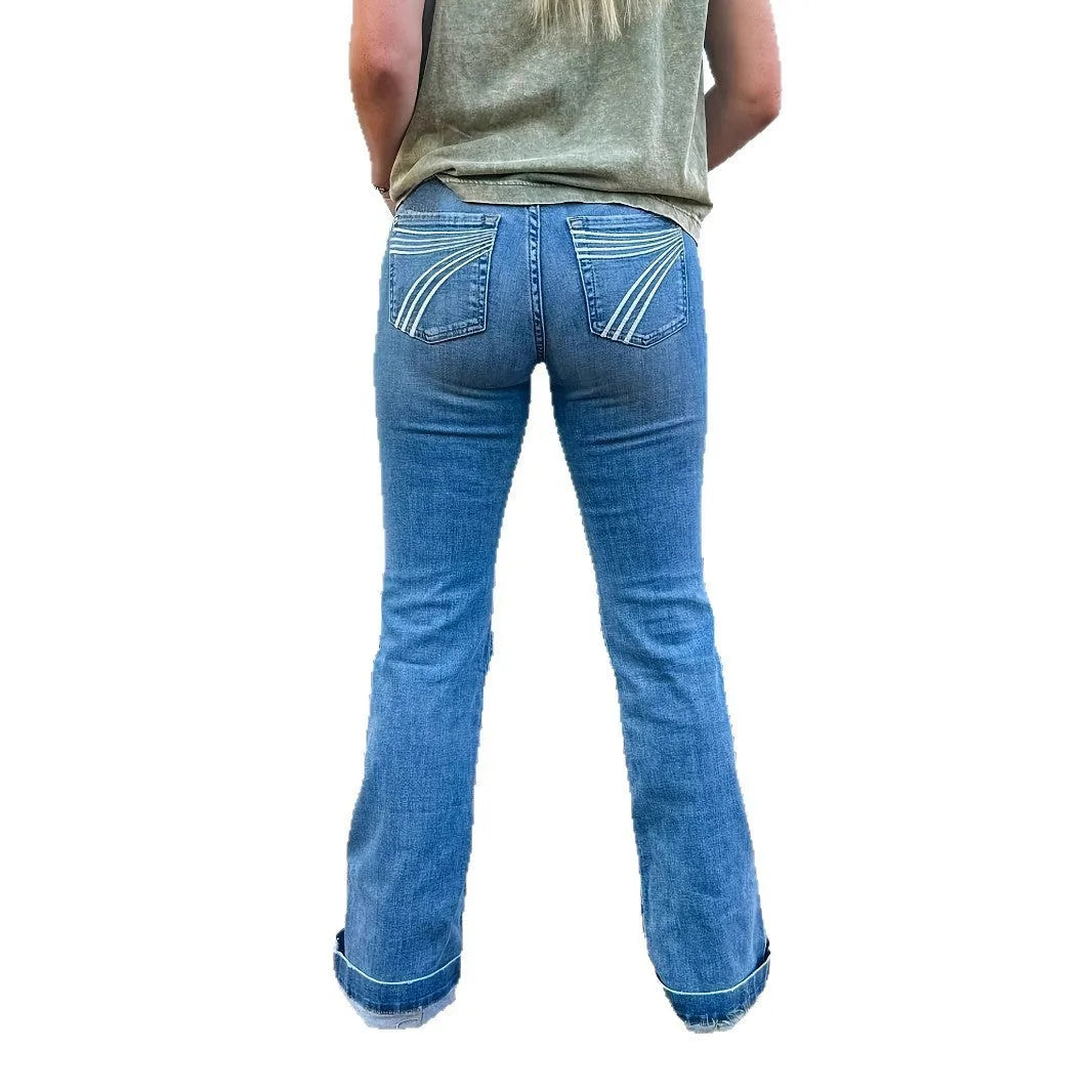 Women's slim fit elastic mid-waist jeans with slight flare and embroidery detail