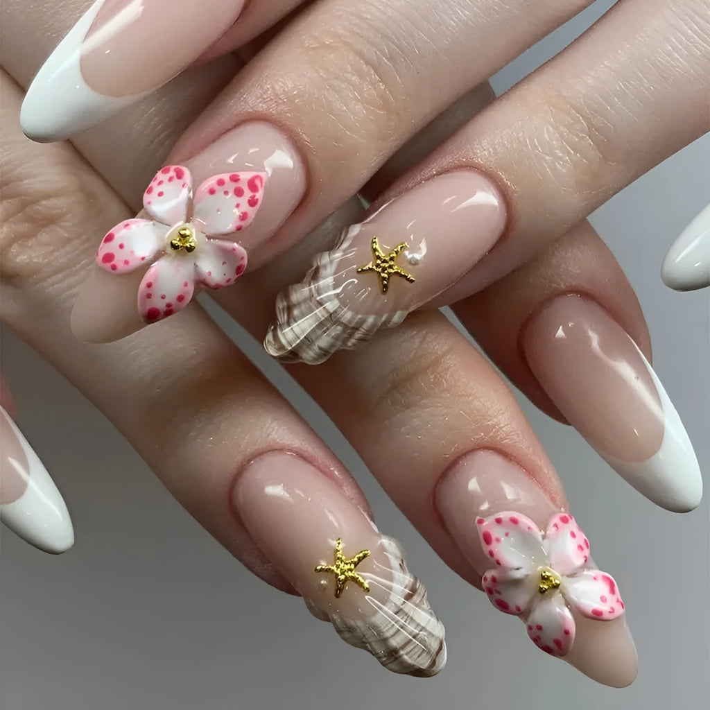 French style fake nails with rock pattern and simple flowers design in W1764 colour