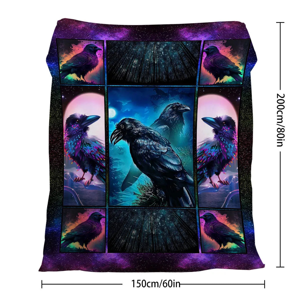 Flannel colourful raven print soft multifunctional throw blanket in multicoloured size options