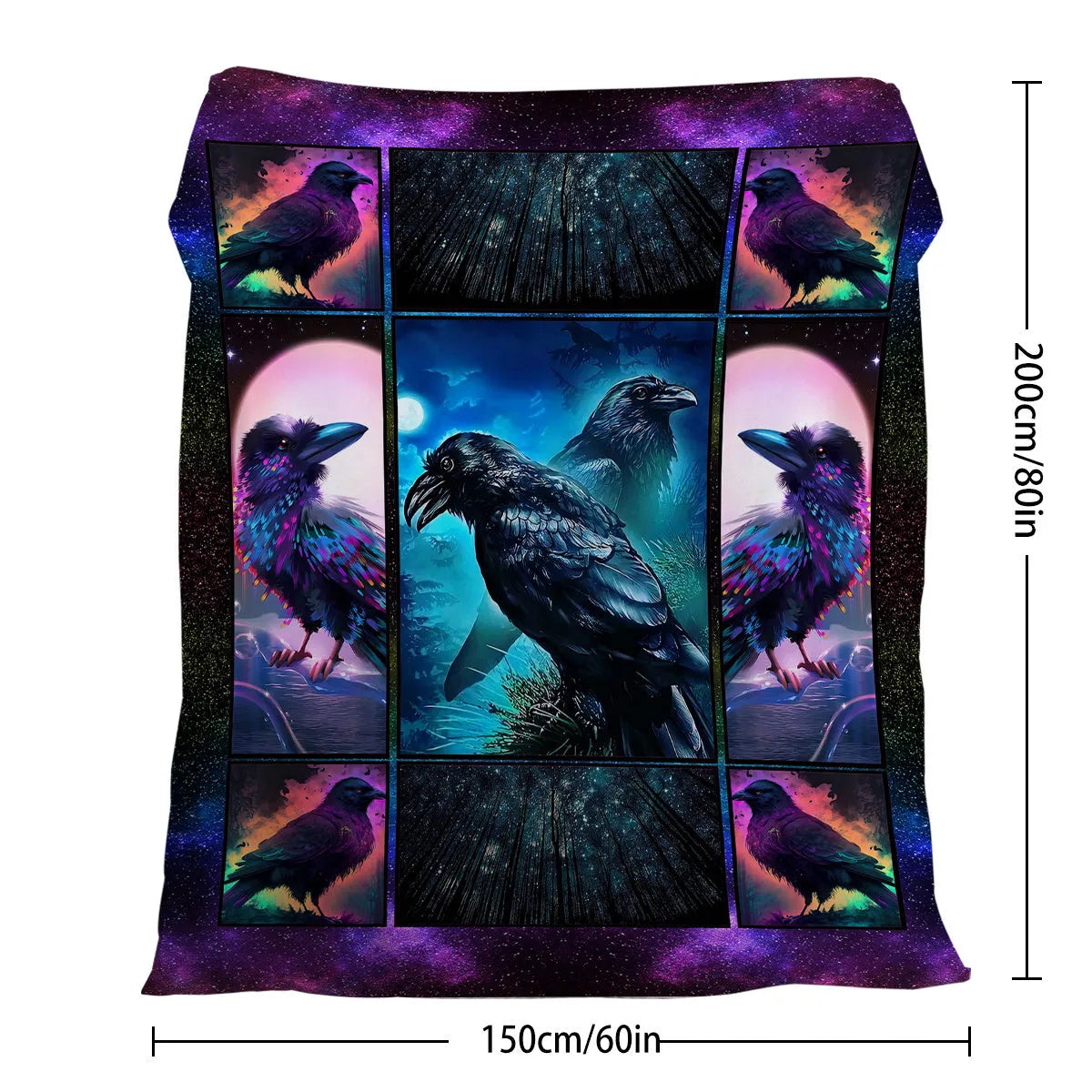 Flannel colourful raven print soft multifunctional throw blanket in multicoloured size options