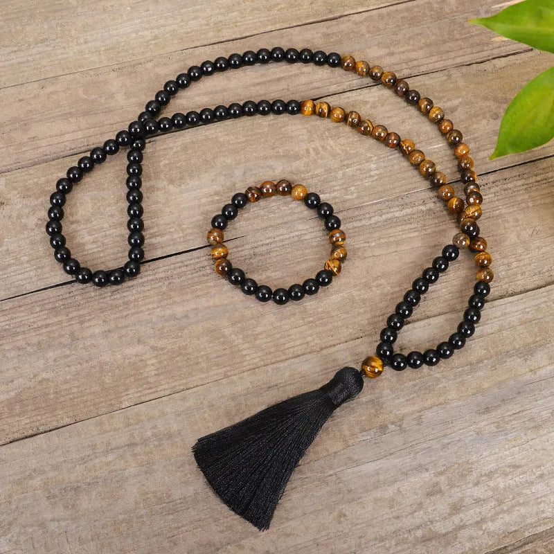 Tiger eye stone tassel necklace with drop-shaped pendant on ball bead chain