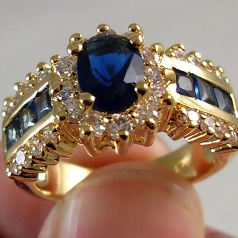 Personalised zinc alloy ring with gemstone options including blue diamond and zircon stones in sizes 6-11