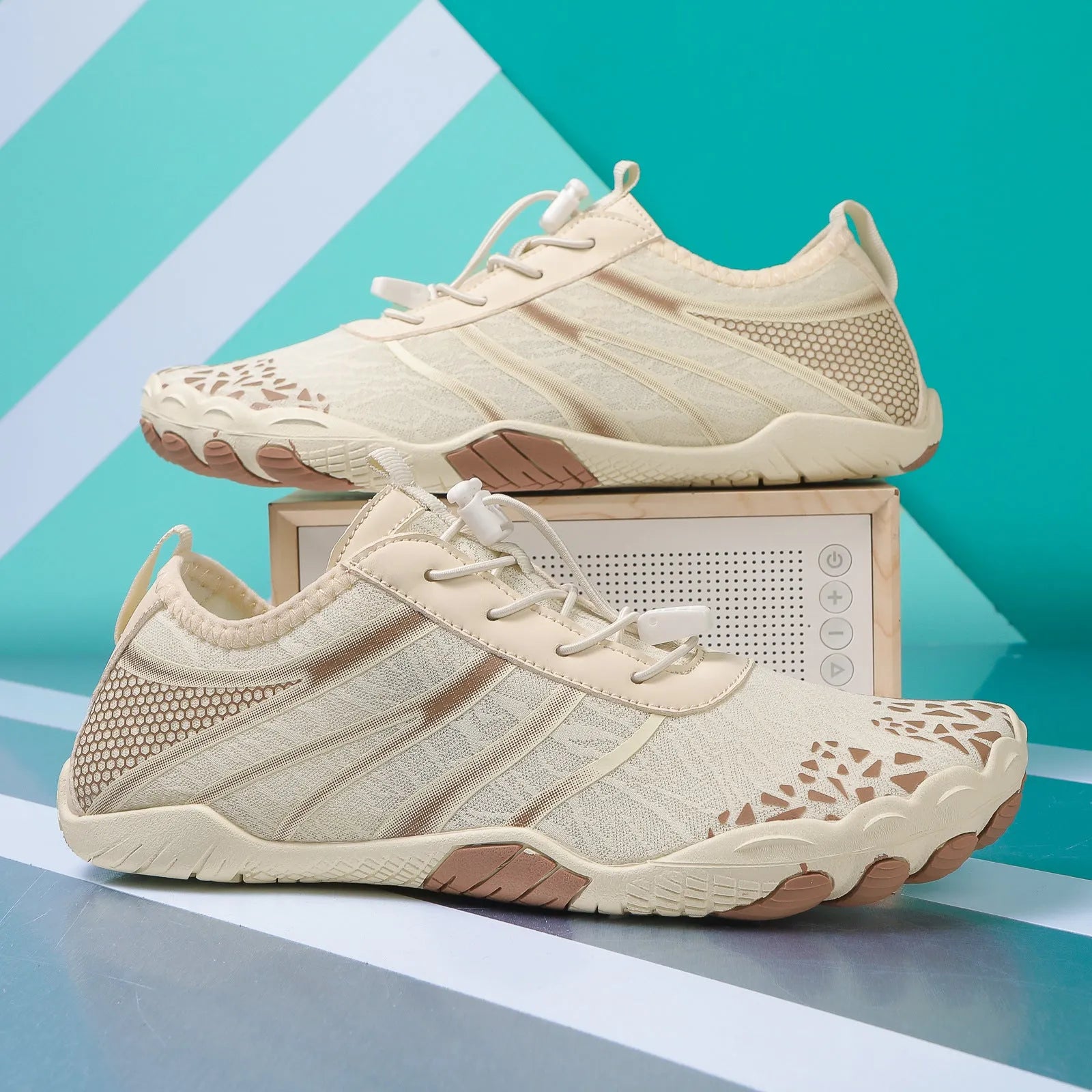 Casual unisex beach running shoes with a Lycra stretch fabric upper, shown in A826 Beige colour.