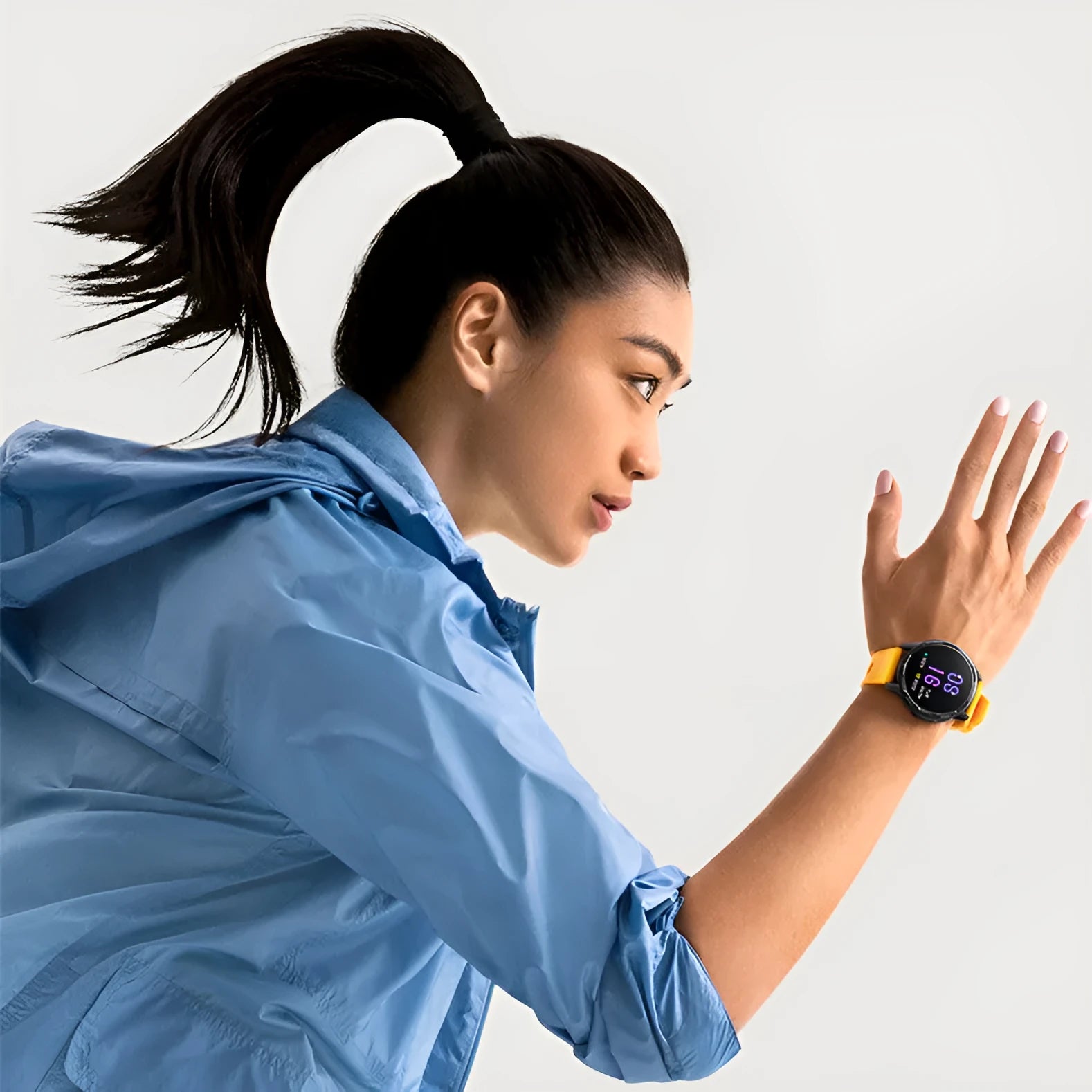Smart watch with call functionality and dual band GPS on wrist showing 1.43-inch touchscreen display