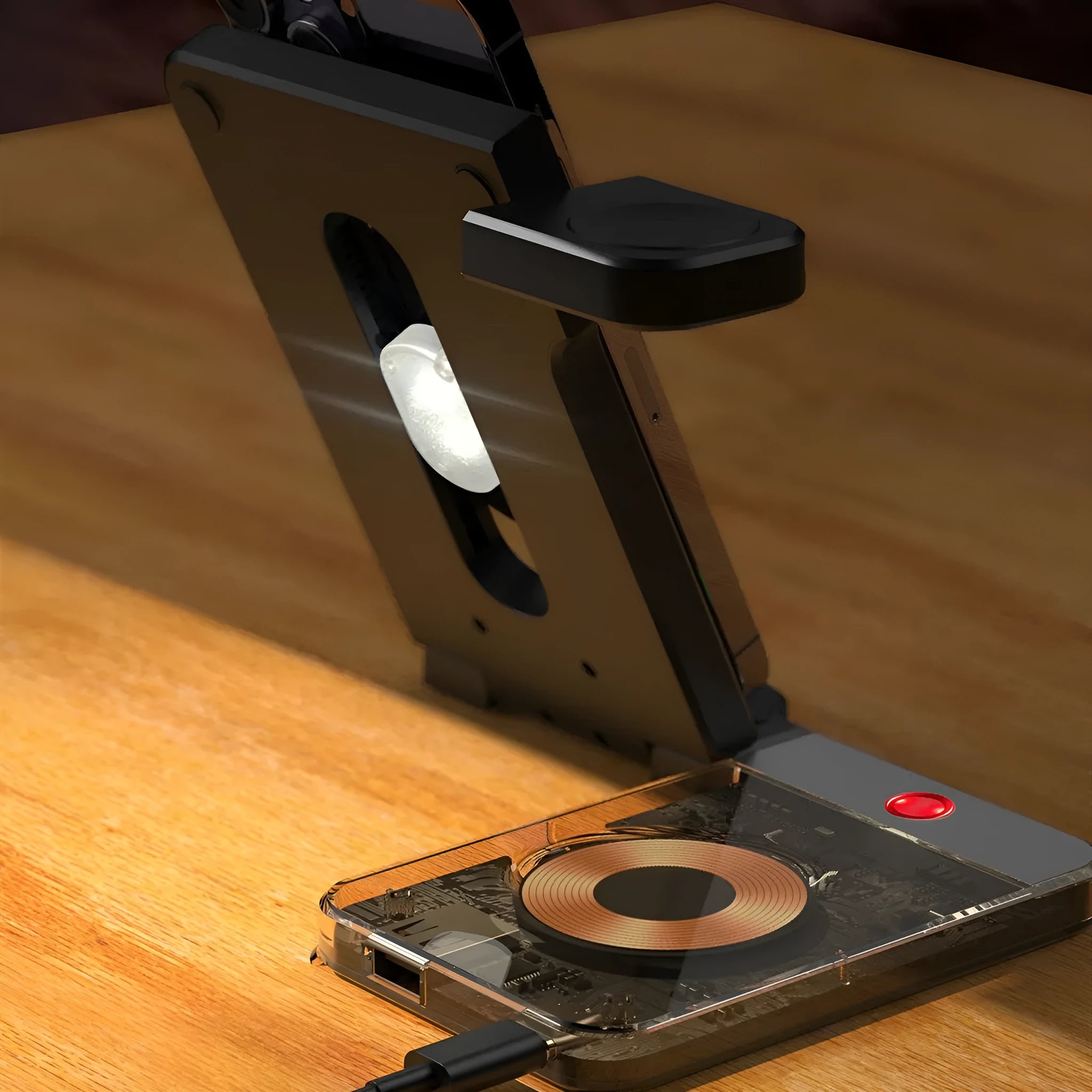 Black desktop magnetic three-in-one wireless charging stand with foldable hinge and night light on table