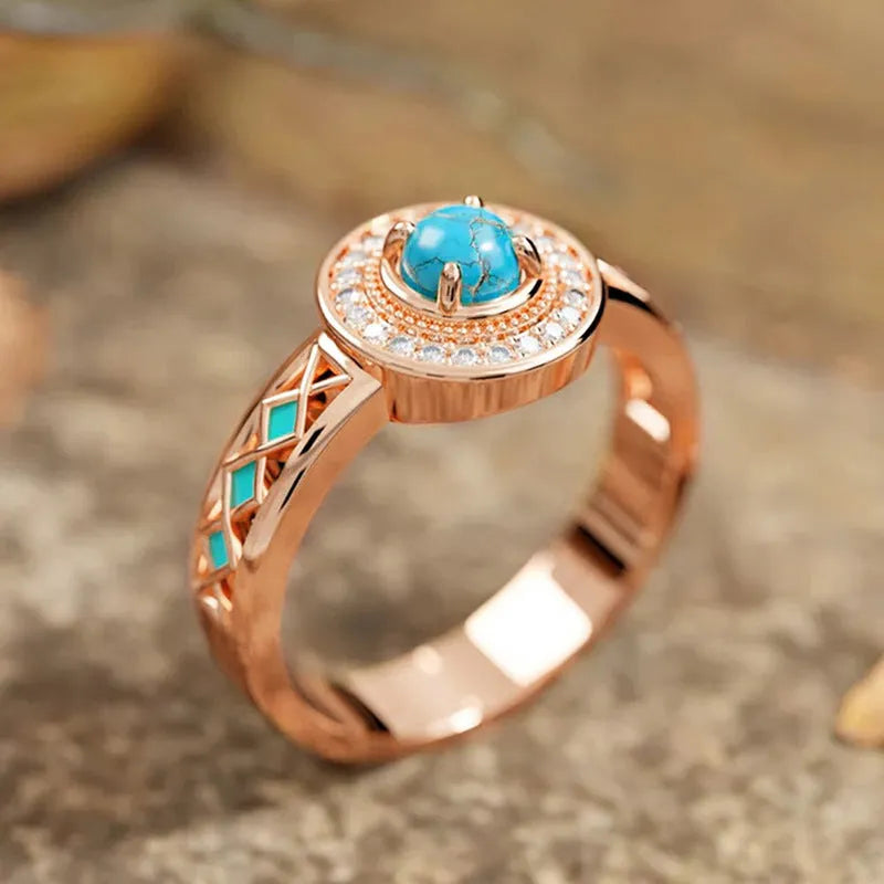 Women's turquoise ethnic style ring with oil micro inlaid zircon in rose gold geometric design