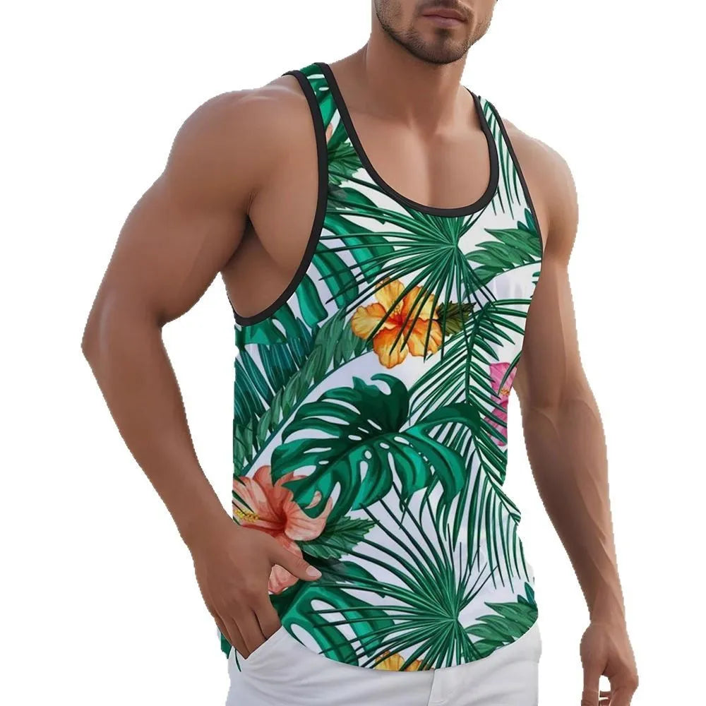 Men's solid colour Hawaiian style 3D printed sleeveless vest t-shirt in polyester fabric