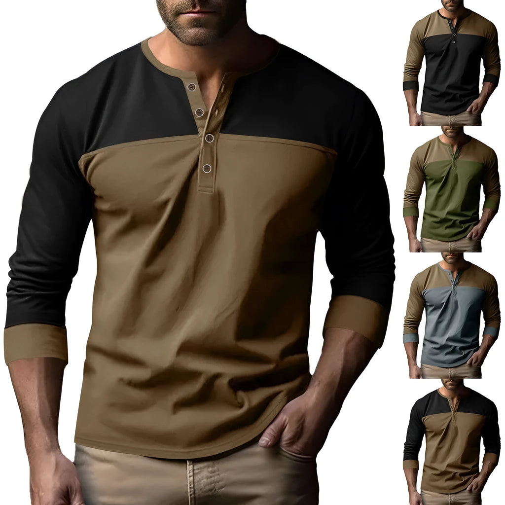 Men's long-sleeve henley collar casual shirt in a retro colour-block design