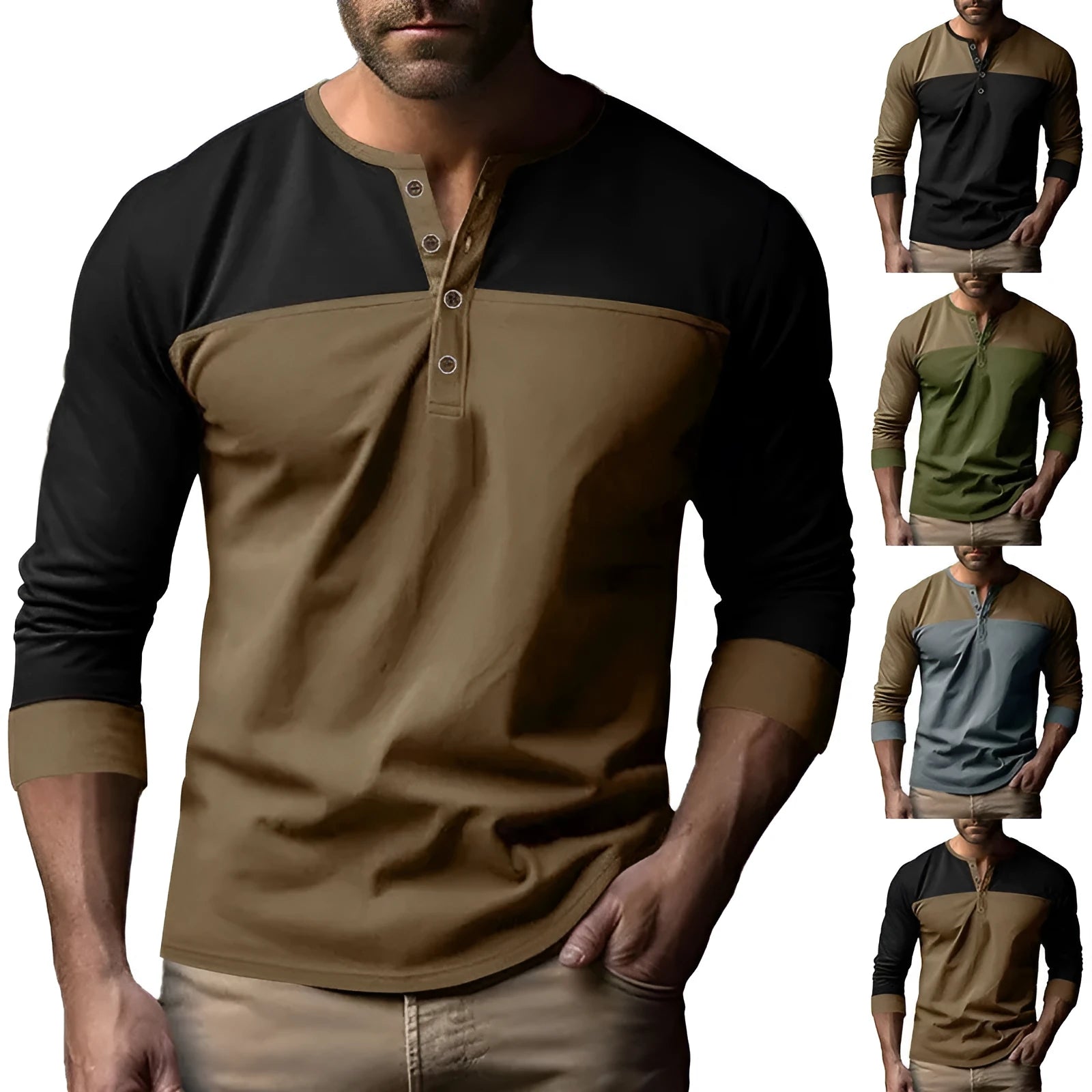 Men's long-sleeve henley collar casual shirt in a retro colour-block design