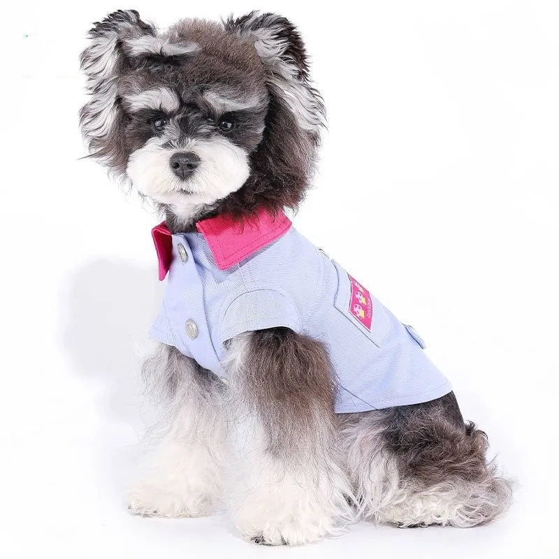 Blue and purple polyester vest for a small dog with a front metal D-ring for a lead.