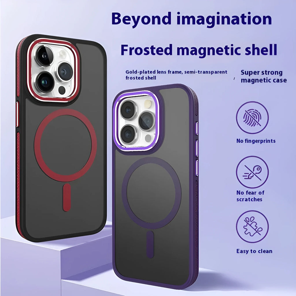 Frosted magnetic TPU phone case for iPhone 14 Pro Max with metal lens ring in black