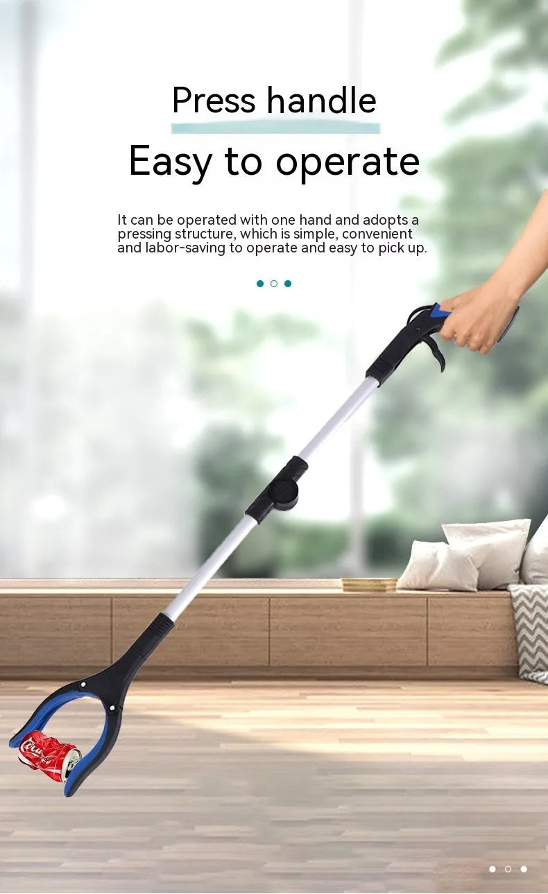 Silver folding rubbish grabber with blue handle extended to 80cm, showing magnet end.