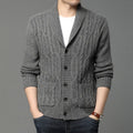 Man wearing a dark grey Korean style jacquard knitted cardigan jacket with a straight cut.