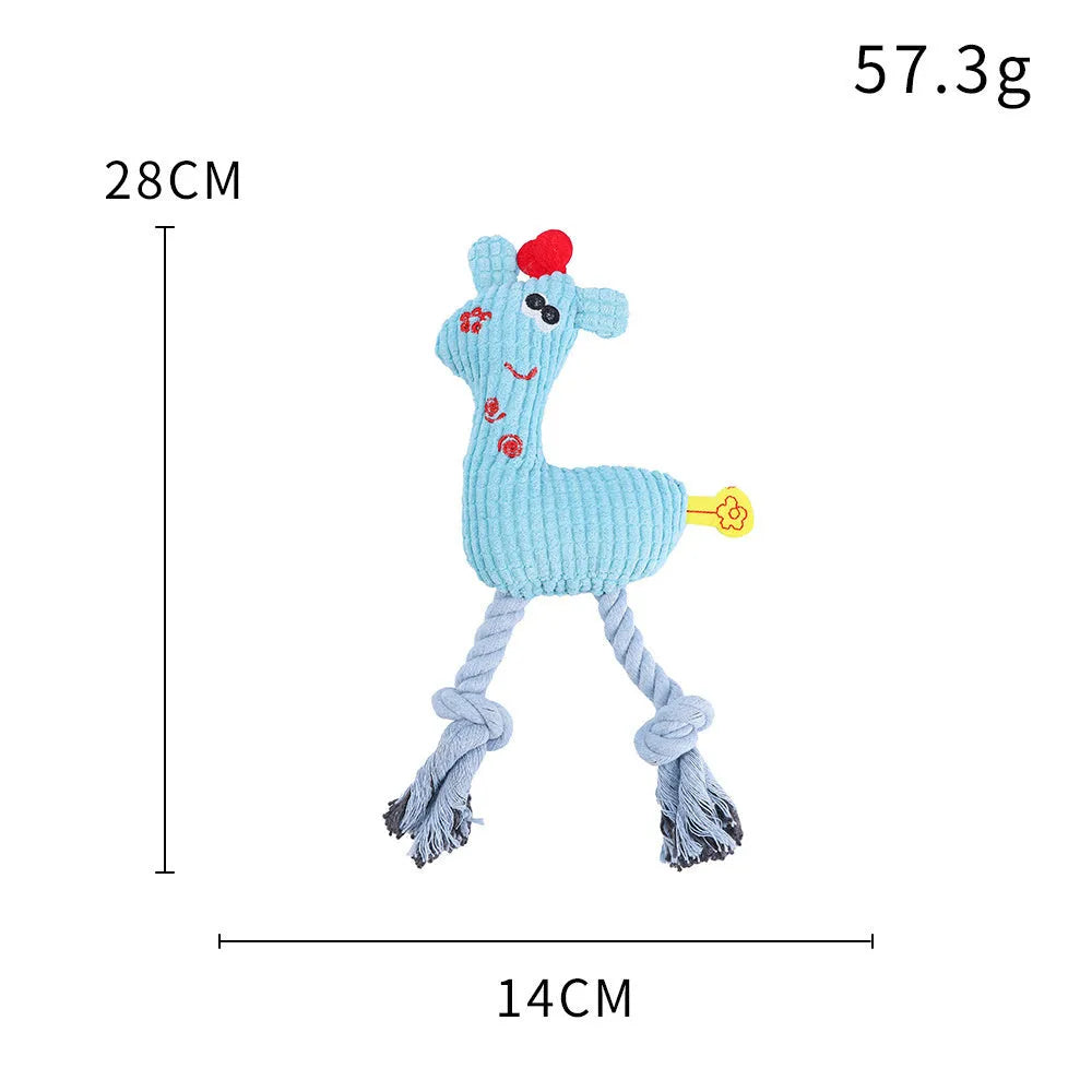 Blue deer-shaped plush dog toy with corn kernel texture