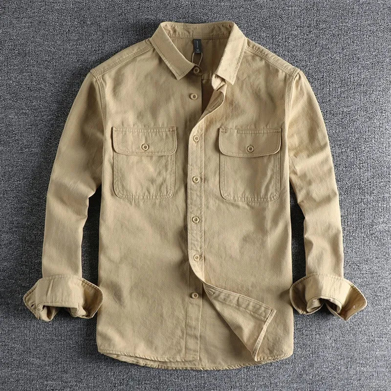 Men's loose fit long sleeve shirt overalls in cardigan style with polyester construction