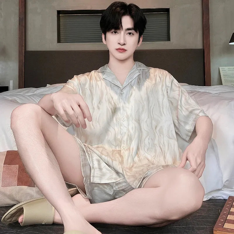 Men's ice silk pajama set with satin jacquard plaid pattern in cardigan style and shorts