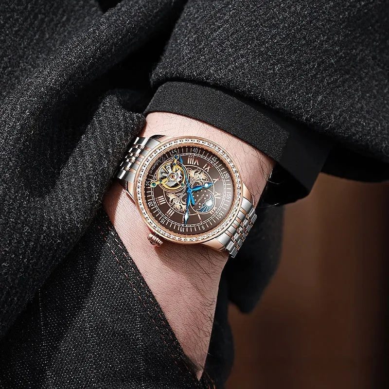Men's waterproof mechanical watch with stainless steel case, round dial, and butterfly buckle in rose gold colour.