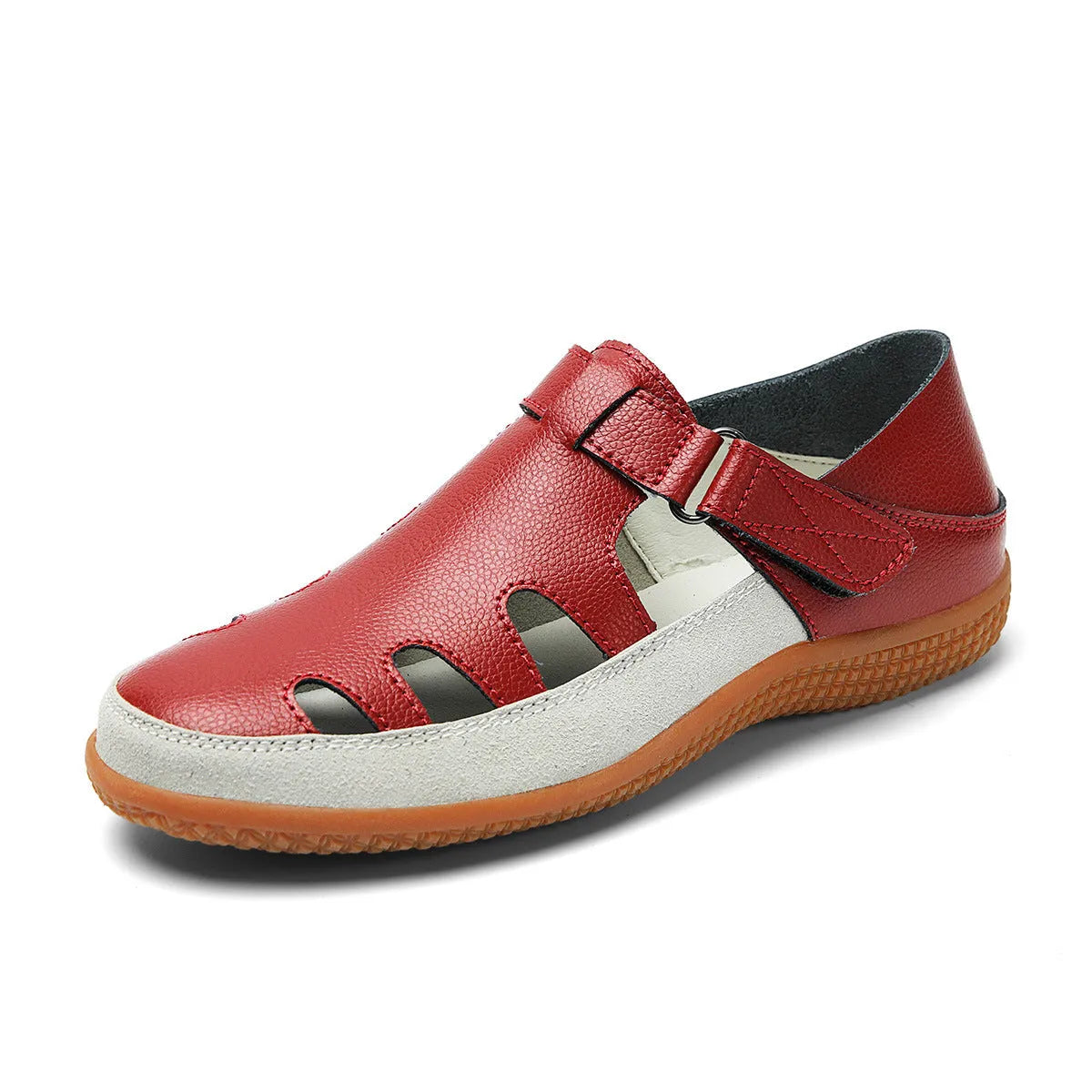 Women's plus size flat heel sandals with hollow toe cap in blue, red, or white on a thick rubber sole.