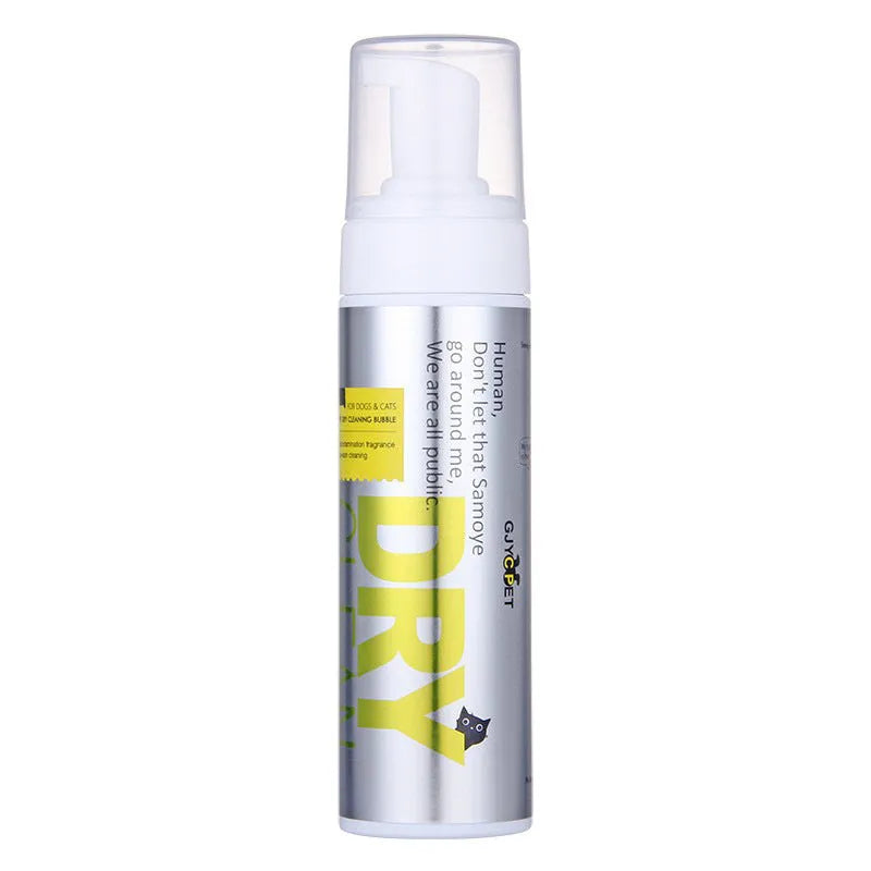 Pet grooming kit with bottles of no-rinse paw wash foam, ear cleaner, deodorant spray, and packs of pet ear and eye wipes.