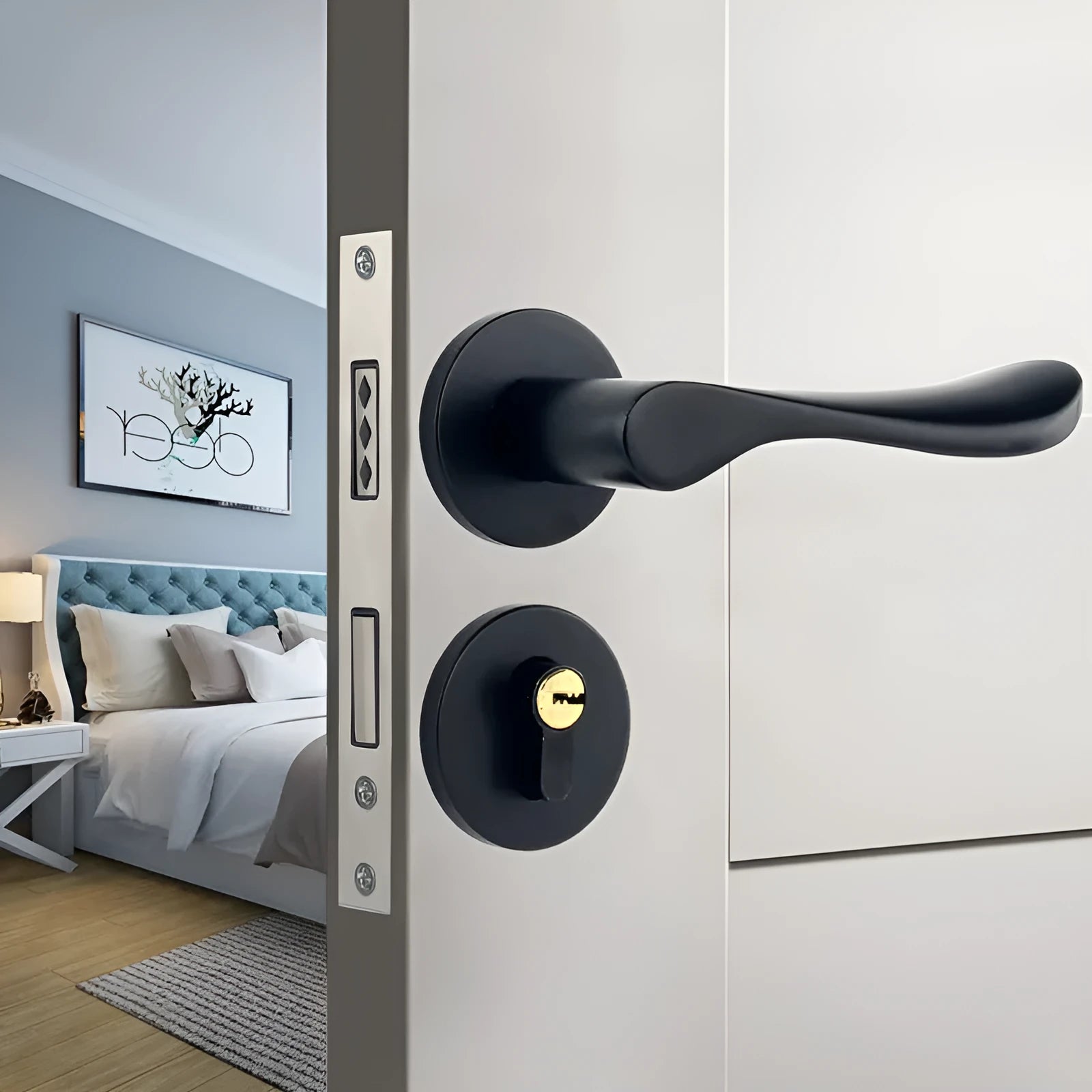 Aluminium split magnetic door lock handle for timber doors in black and silver finish.