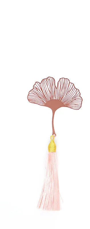 Brass bookmark with hollow-cut leaf design and matching rose gold metal tassel