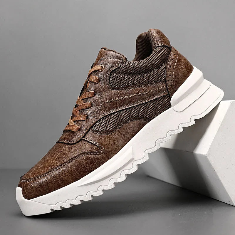 Men's black invisible wedge hidden heel casual sports shoes with synthetic leather upper and rubber sole, side view