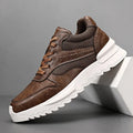 Men's black invisible wedge hidden heel casual sports shoes with synthetic leather upper and rubber sole, side view