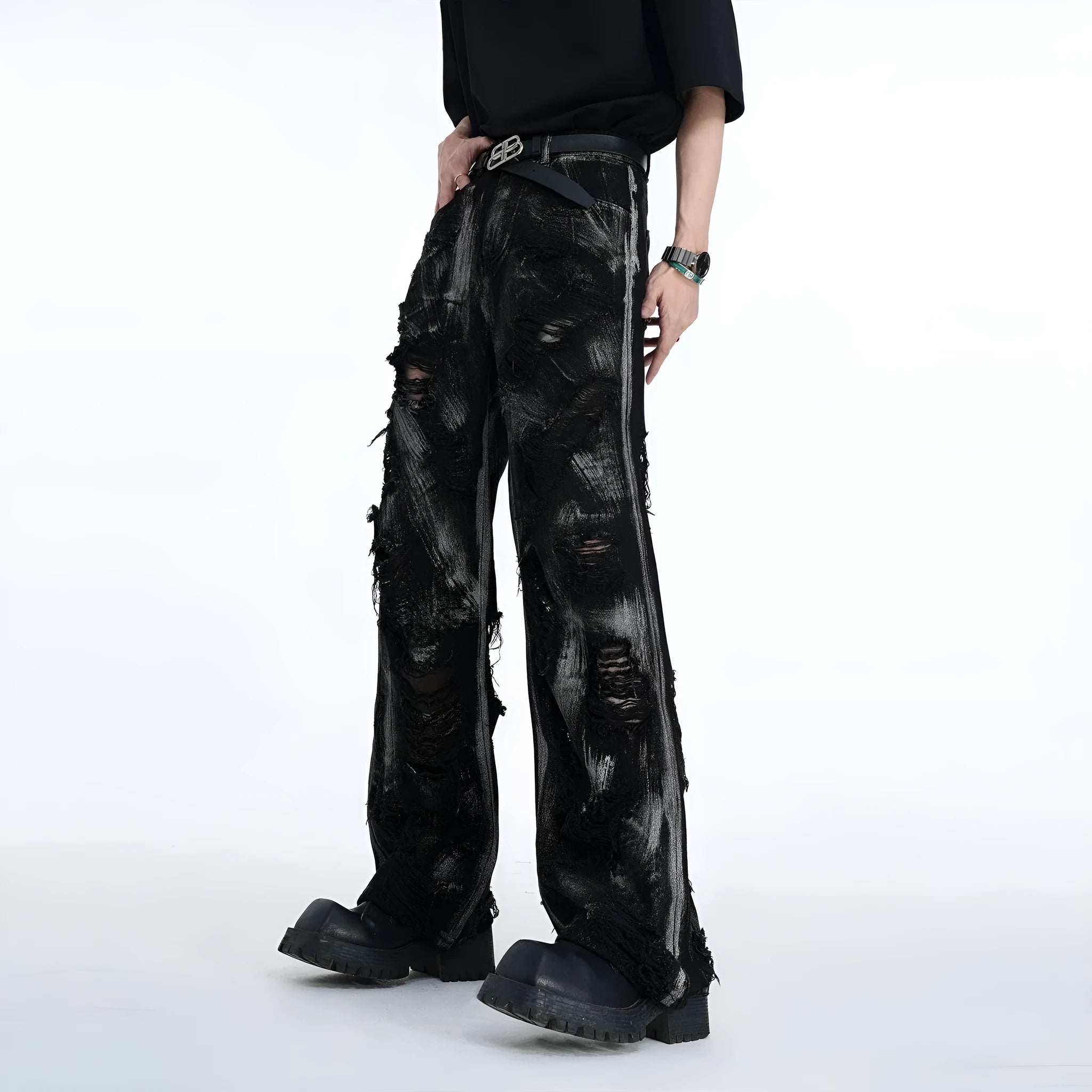 Men's heavyweight washed graffiti denim jeans in high street wasteland style with mid waist design