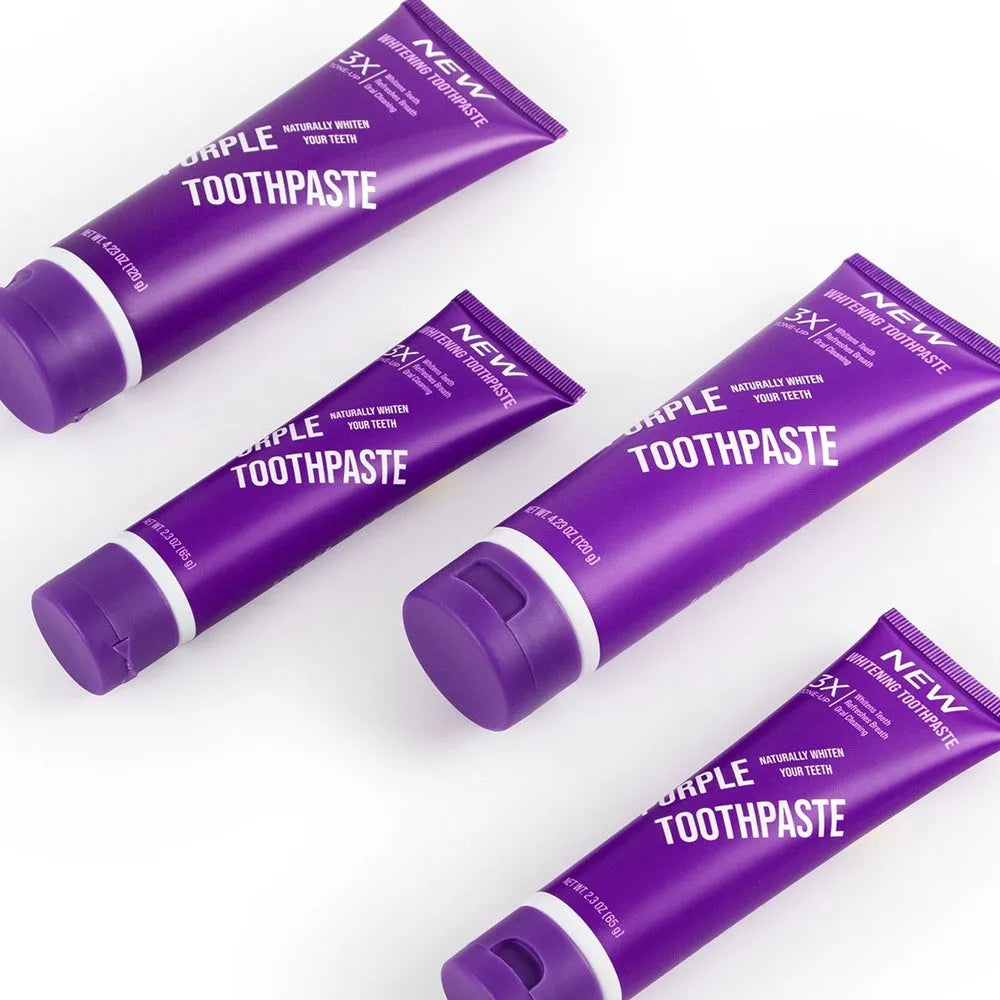 Purple whitening toothpaste tube for adult tooth discolouration treatment