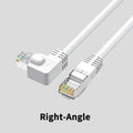 Cat6 Ethernet cable with right-angle RJ45 connector in various colours and lengths