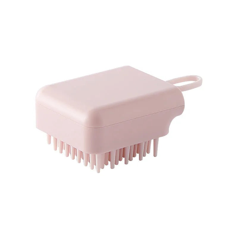 Soft TPR pet bath brush in pink with ergonomic handle for gentle grooming and massage